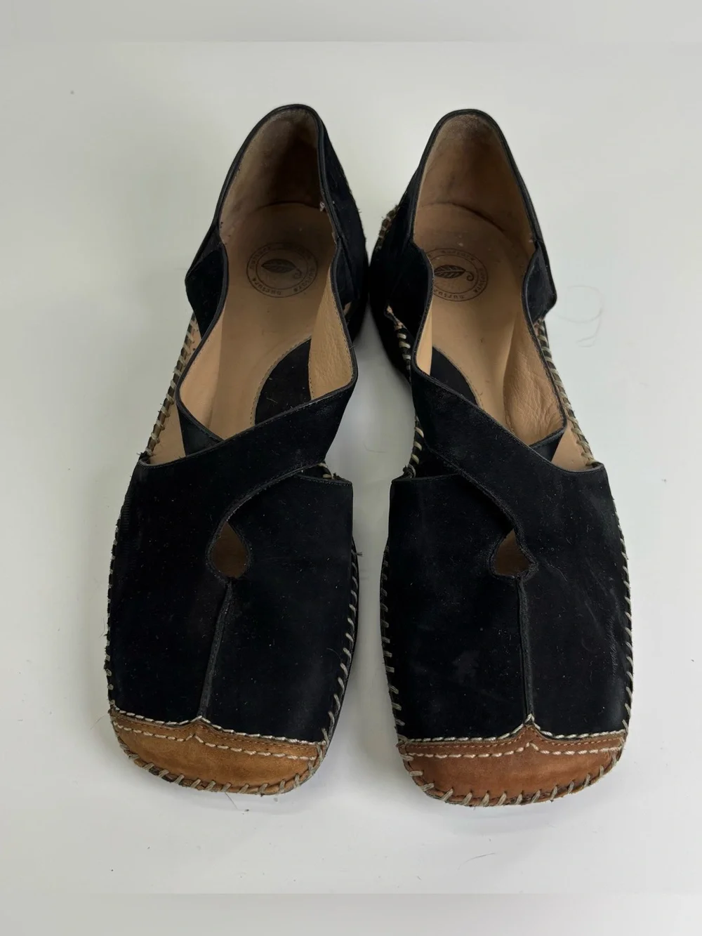 Nurture Charlie black suede flats 9.5 tan toe comfort walking square toe